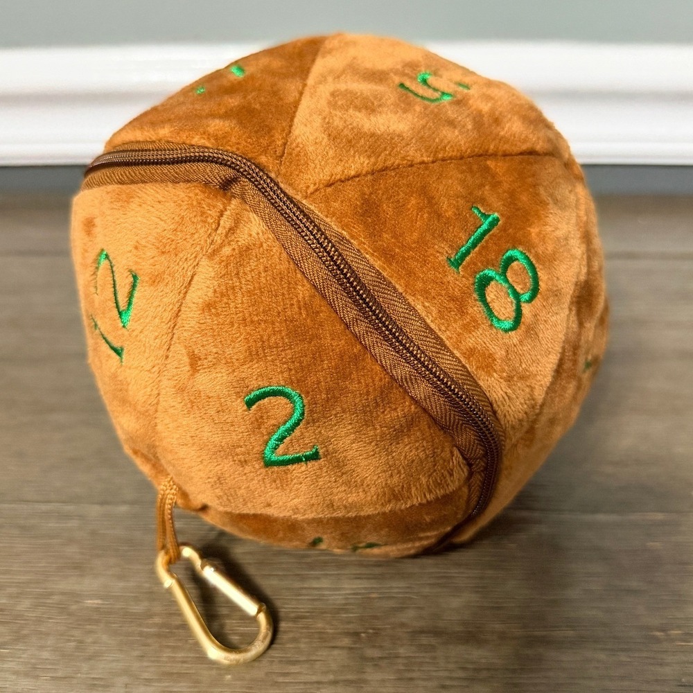 Dungeons & Dragons D20 Plush Dice Bag Pouch Brown Green Embroidered Carabiner